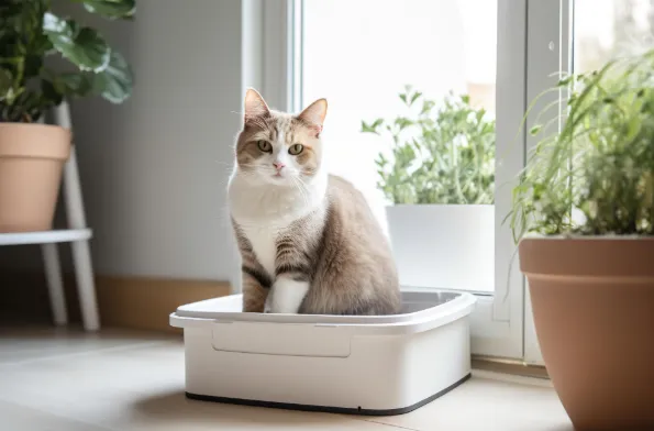 arena para gatos control de olor-gato en arenero detras de una ventana_Odor control cat litter