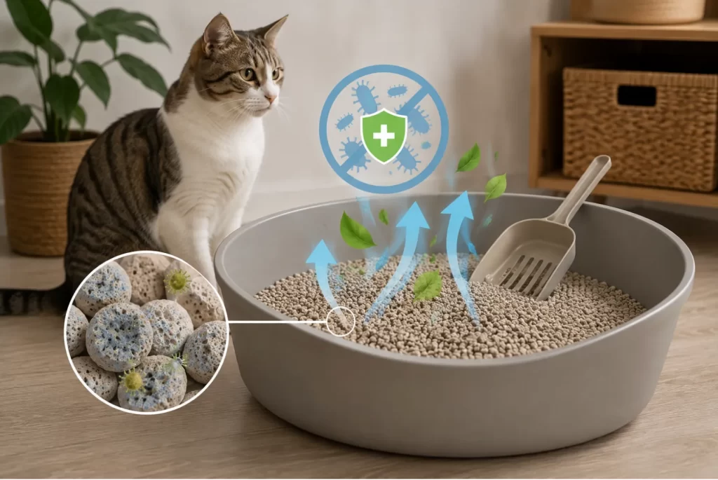 gato mirando su Arena absorbente limpia y fresca absorbent cat litter