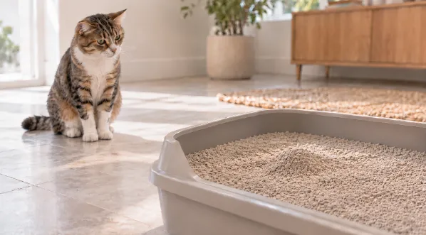 gato mirando su caja de arena en el piso _11zon